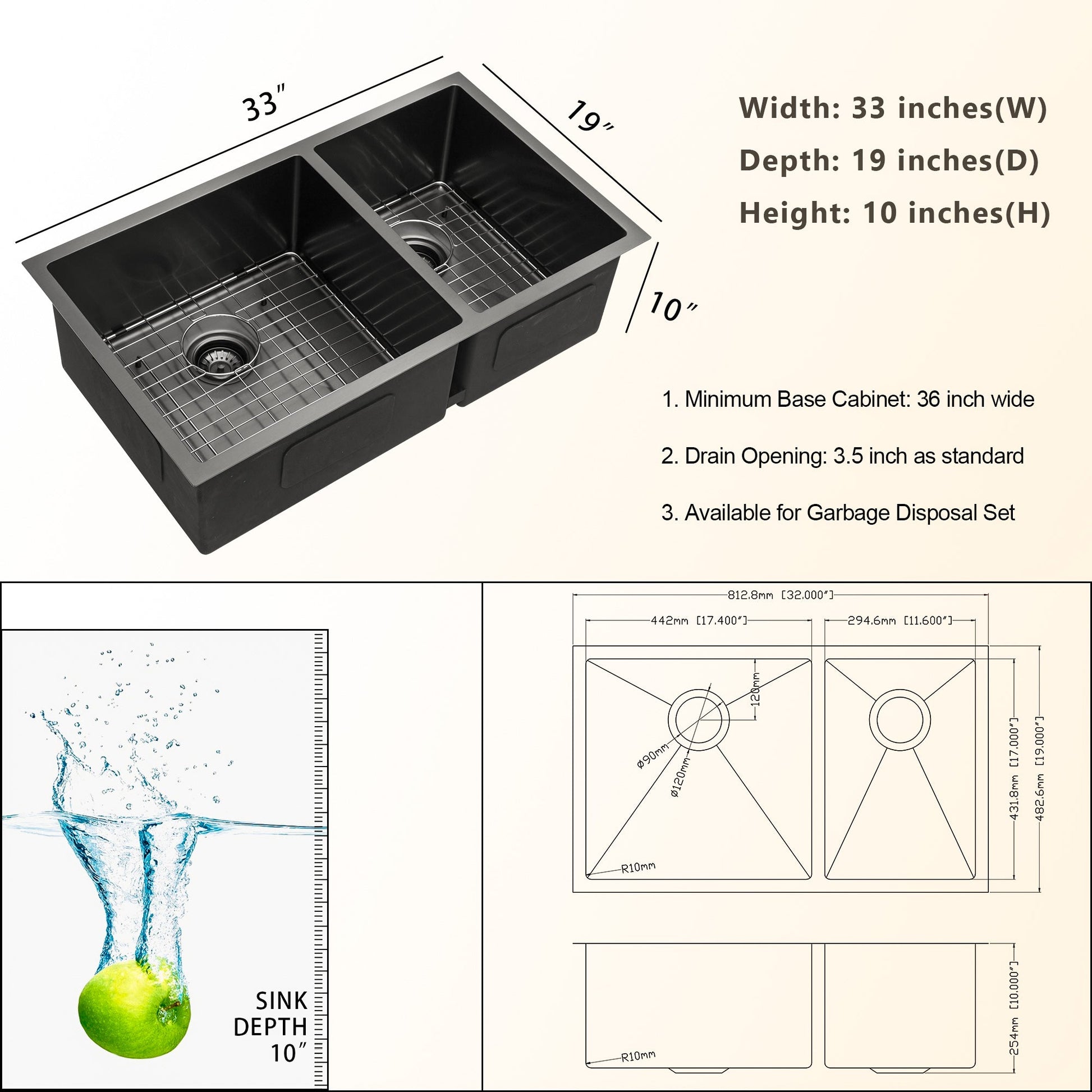 33in W x 19in D Stainless Steel Kitchen Sink Double Bowl Gunmetal Black Undermount  from Lordear