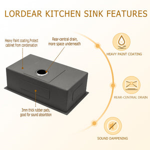 Lordear 28in Undermount Kitchen Sink in Gunmetal Black Stainless Steel from Lordear
