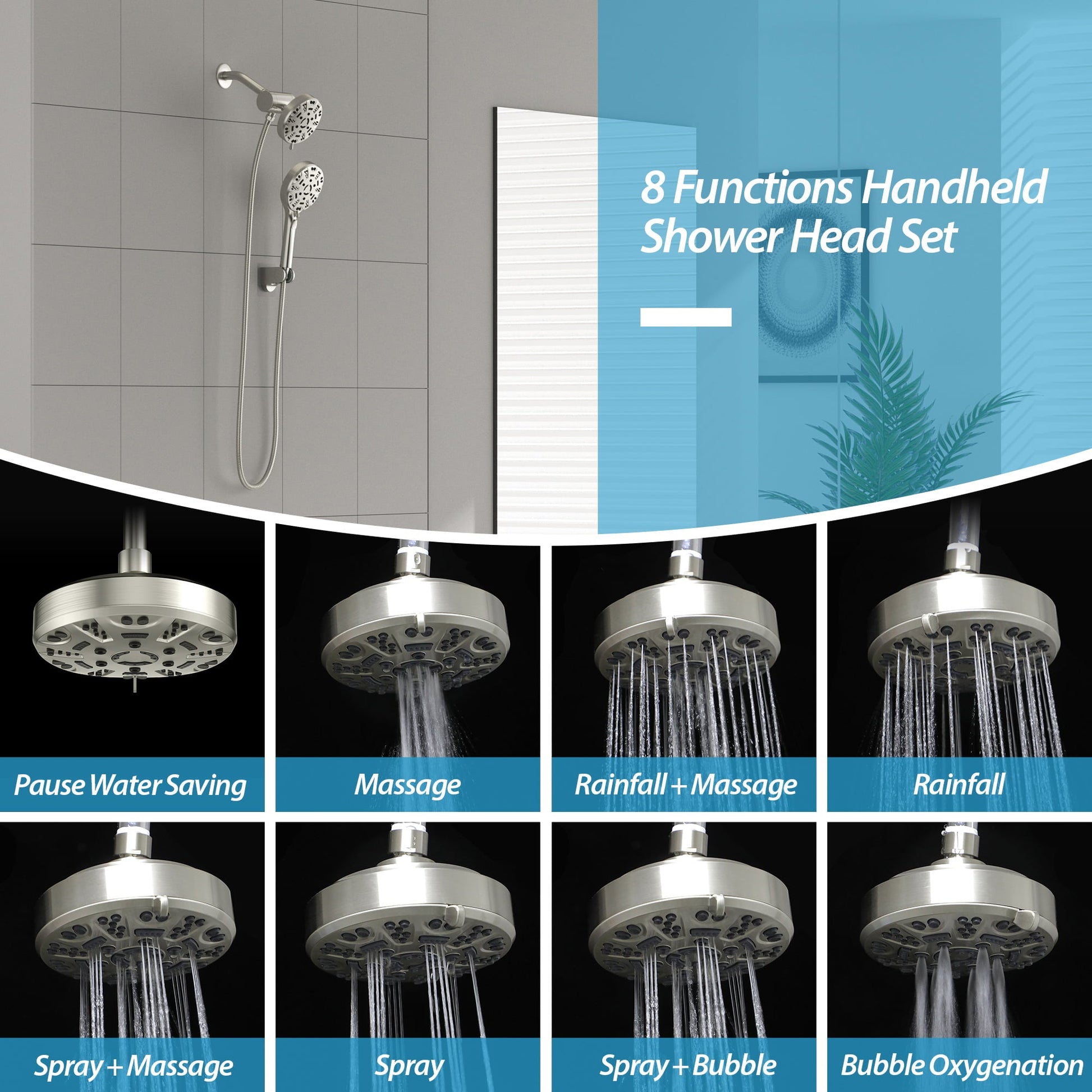 Lordear 8-Mode 5-inch Dual Showerhead with Pause Button Shower Bracket in Brushed Nickel | Shower Head with Handheld | Lordear