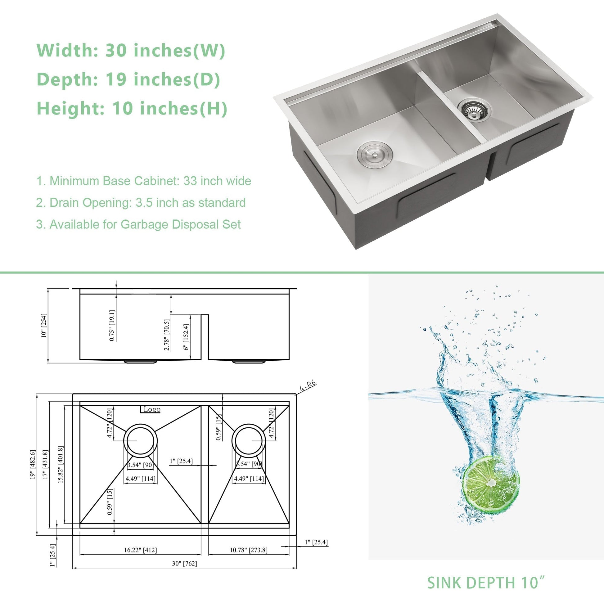 Lordear 30x19in Kitchen Sink Workstation Stainless Steel Double Bowl 60/40 Undermount with Strainer | Kitchen Workstation Sink | Lordear