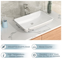 Lordear 24" x 16" White Ceramic Rectangular Vessel Bathroom Sink  from Lordear