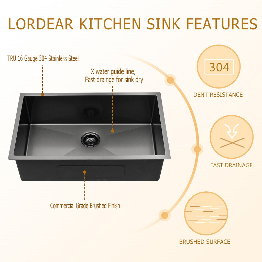 Lordear 28in Undermount Kitchen Sink in Gunmetal Black Stainless Steel from Lordear
